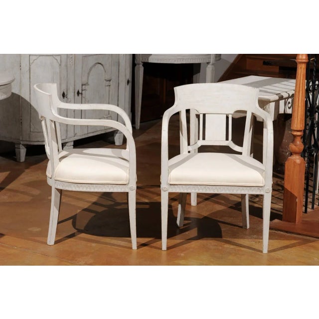 1870s Swedish Painted Wood Neoclassical Style Upholstered Armchairs - a Pair For Sale - Image 9 of 11