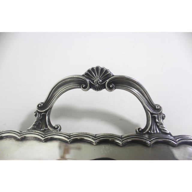 Extra Large Butler’s Tray Silver Plated Rectangular Platter Vintage Plate Ornate Shell or Fan Handles Embossed Serving For Sale - Image 4 of 13