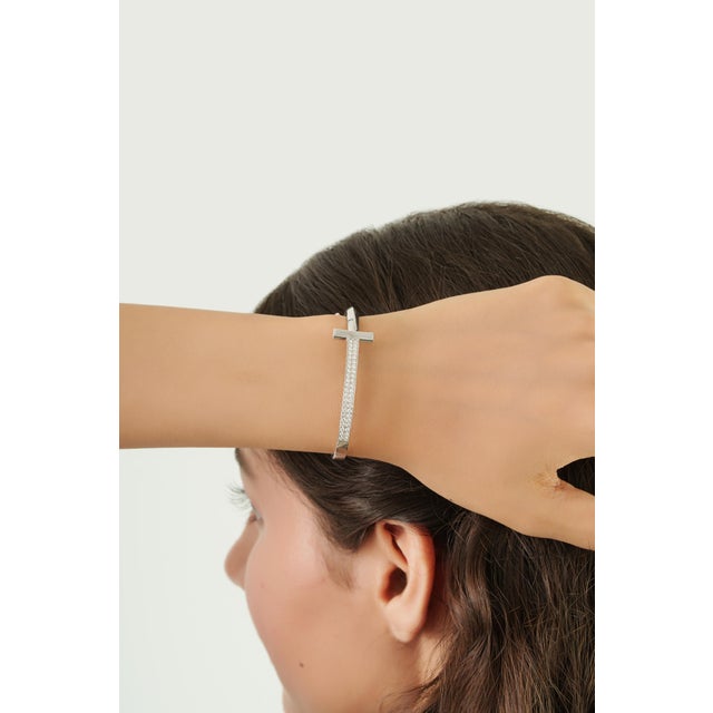 Modernist T Bar Cubic Zirconia Bangle Bracelet in 925 Silver - Anniversary Gift For Sale - Image 4 of 12