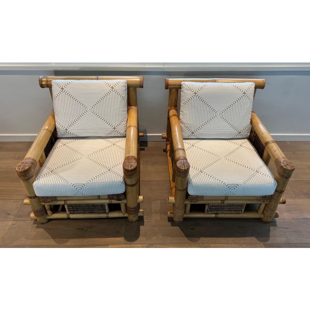 Brown 1970s Pair of Large Bamboo Armchairs With Pierre Frey Cushions For Sale - Image 8 of 12