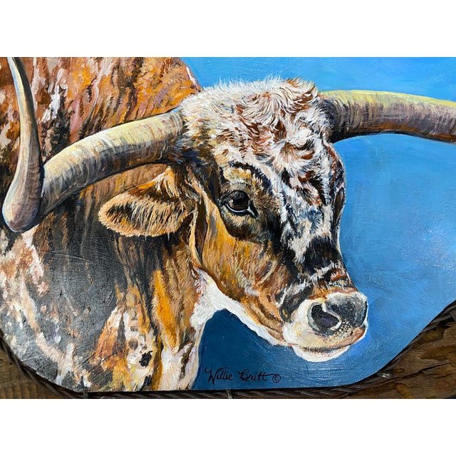 2020s Poker Face ~ Willie Britt, Original Acrylic Painting. A Colorado Longhorn Comes to Life Against the Expansive Blue Skies of Southern Colorado. For Sale - Image 5 of 14