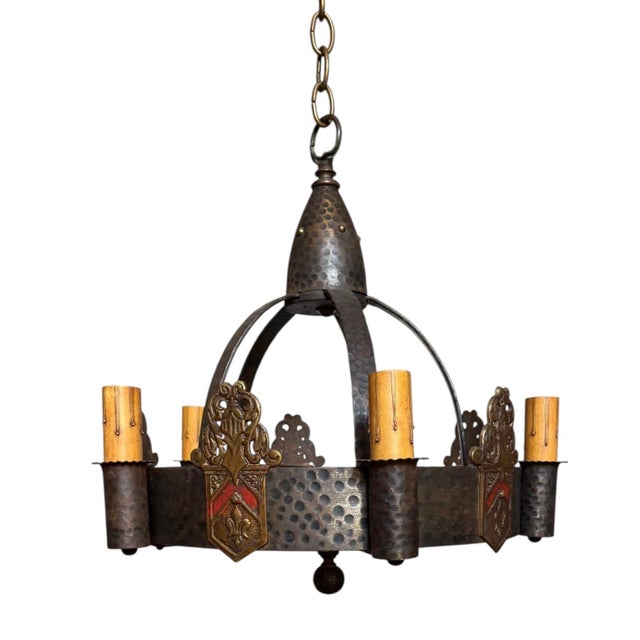 1920s Bronzed Iron and Brass Knight and Fleur De Lis Chandelier For Sale - Image 4 of 8