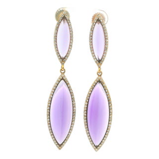 Italian 14k Gold Sugarloaf Amethyst & Diamond Drop Earrings, Pair For Sale