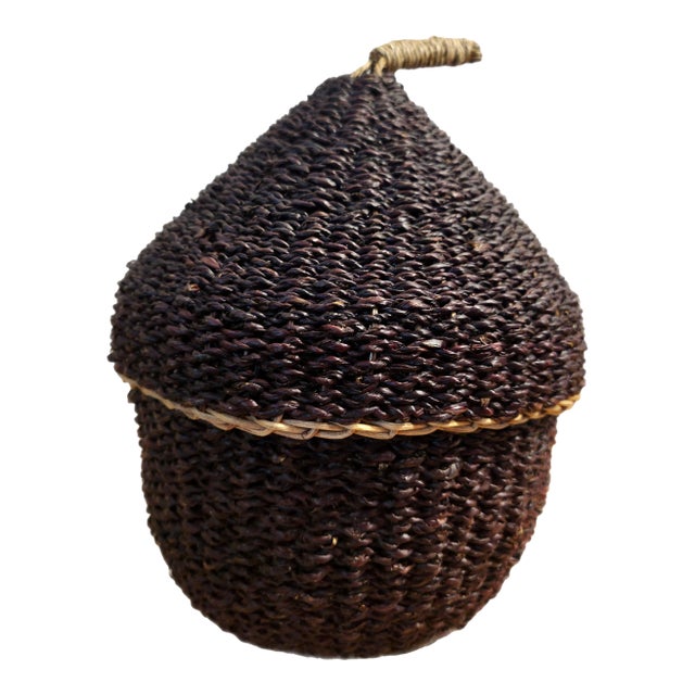 Mid 20th Century Woven Acorn Basket – Rare Decorative Storage Basket | Dark Brown Two-Piece Acorn Design | 11” Tall For Sale