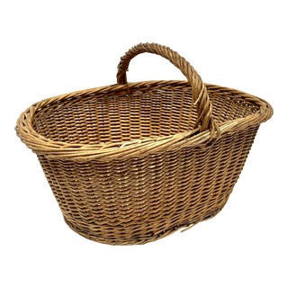 Antique French Early 1900s Oval Woven Wicker Market Basket For Sale