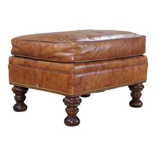 Mid 20th Century Vintage Wesley Hall Traditional Burnt Orange Leather & Mahogany Ottoman Nailhead For Sale