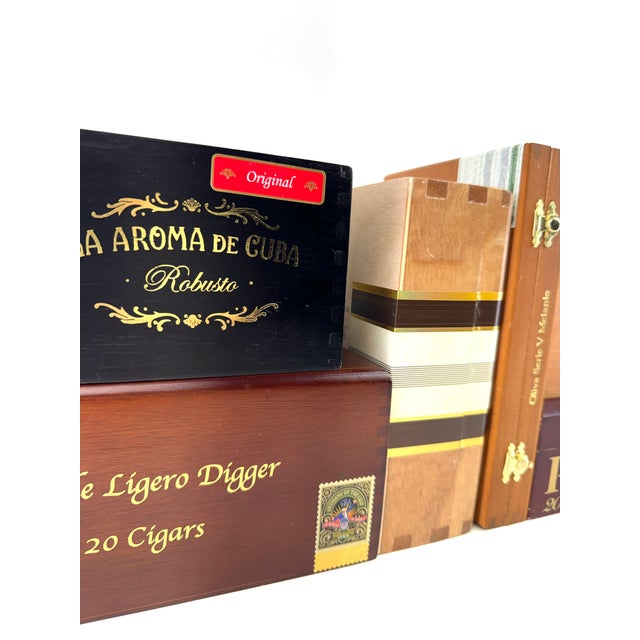 Rustic Curated Collection of Six Premium Wooden Cigar Boxes for Decorative Display & Storage For Sale - Image 3 of 12