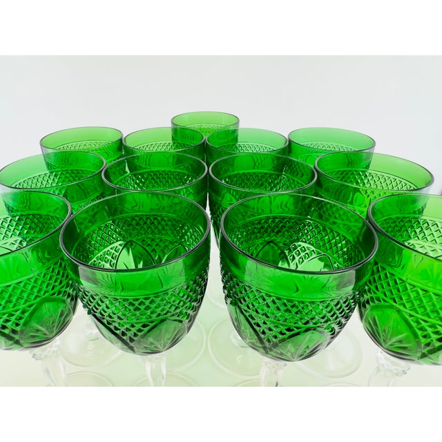 Emerald Vintage Emerald Green Pressed Glass Water Goblets With Clear Stems, Set of 13 For Sale - Image 8 of 13