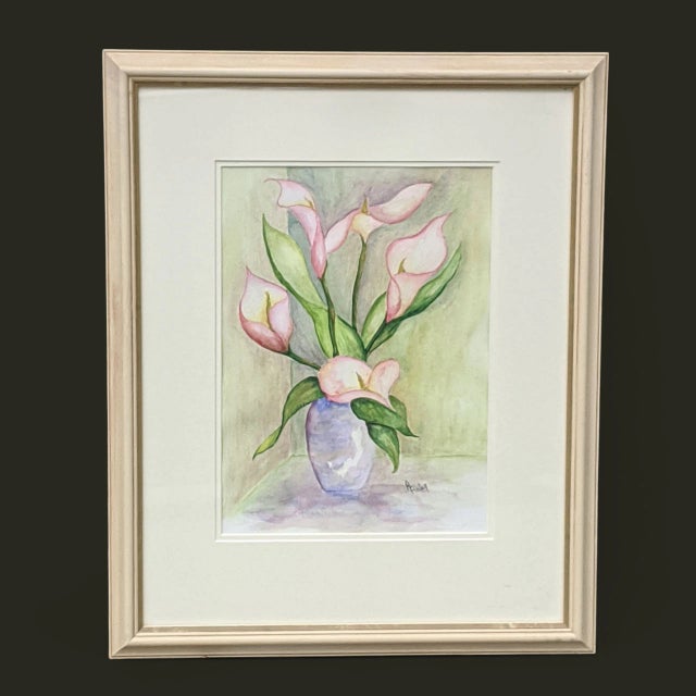 Vintage Original Still Life Watercolor Painting of a bunch of Calla Lillies in a Vase Signed by the Artist, Ann Finley
