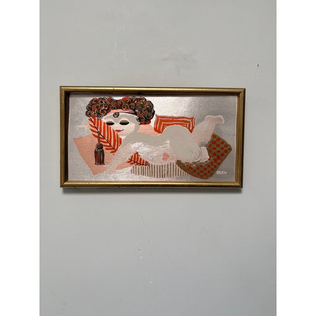 Orange Original Mid-Century Modern Chuck Gruen Painting of Reclining Lady on Silver Foil, Framed and Signed For Sale - Image 8 of 9