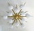 Italian midcentury flush mount with 12 large glossy white Murano glass globes mounted on solid brass frame in satin brass...