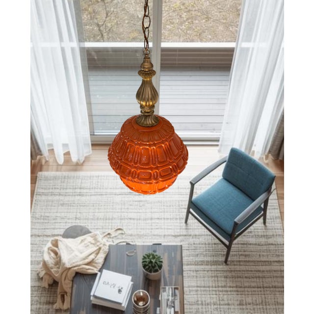 Mid-Century Distressed Orange Pressed Glass Pendant Light For Sale - Image 4 of 18