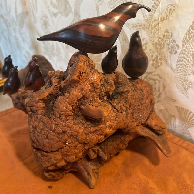 Vintage 7 Wooden Birds on Carved Burl Wood Sculpture For Sale - Image 10 of 12