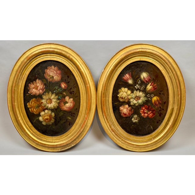 Oval Floral Still Lifes, 1800s, Oil on Canvases, Framed, Set of 2 For Sale - Image 5 of 5