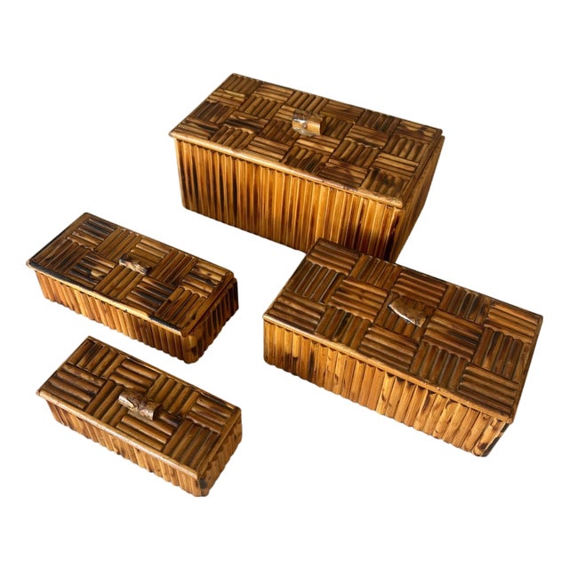Vintage Bamboo Parquet Boxes With Bamboo Root Pulls, Graduated - Set of 4 For Sale