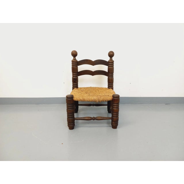 Vintage Brutalist Low Chair in Wood and Straw by Charles Dudouyt, 1940s For Sale - Image 4 of 13