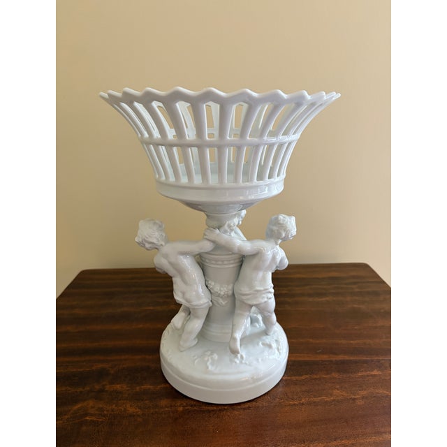 Antique Italian Neoclassical Porcelain Reticulated Basket on Pedestal With Putti For Sale - Image 9 of 10