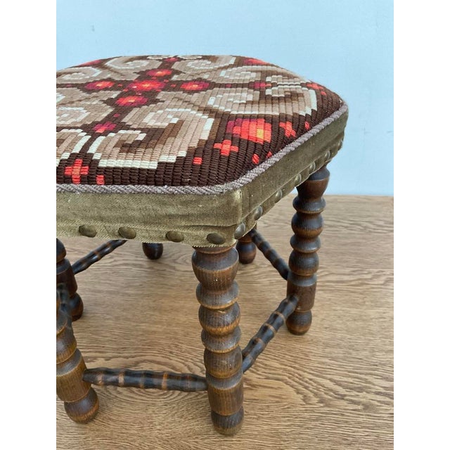 Brown Vintage Mid-Century Walnut Footstool With Geometric Needlepoint Tapestry For Sale - Image 8 of 11