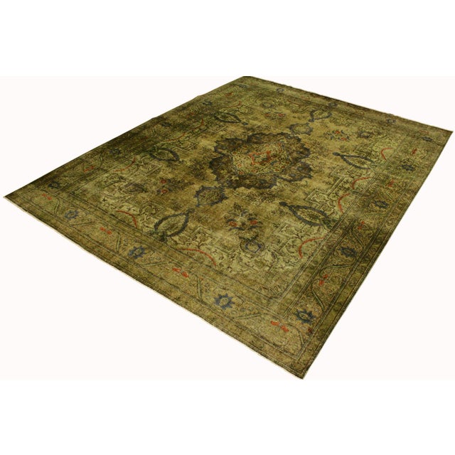 Art Nouveau Vintage No Pile Persian Green/Gray Wool Rug - 10'1'' X 13'0'' For Sale - Image 3 of 10