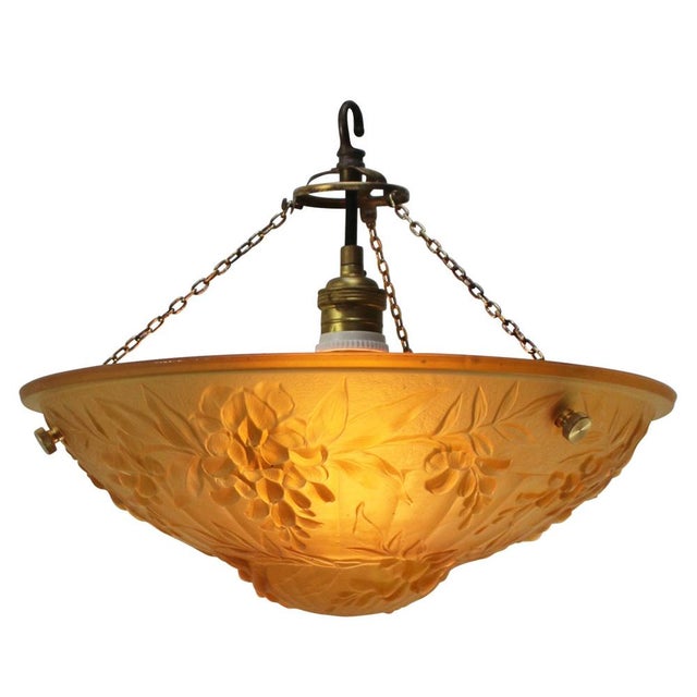 1920s Art Nouveau French Brass and Yellow Pressed Glass Pendant Light, 1920s For Sale - Image 5 of 9