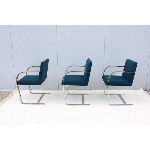 Ludwig Mies Van Der Rohe Brno Flat Bar Chairs in Blue Fabric by Gordon, Set of 3 For Sale - Image 14 of 18