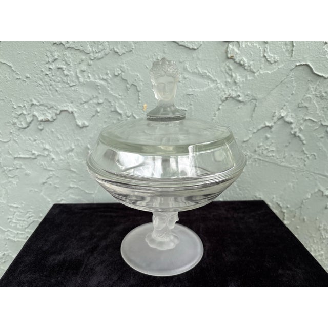 Hollywood Regency Vintage Duncan Miller Frosted Figural Faces Covered Compote Dish / Art Deco Satin Glass Candy Bowl For Sale - Image 3 of 9