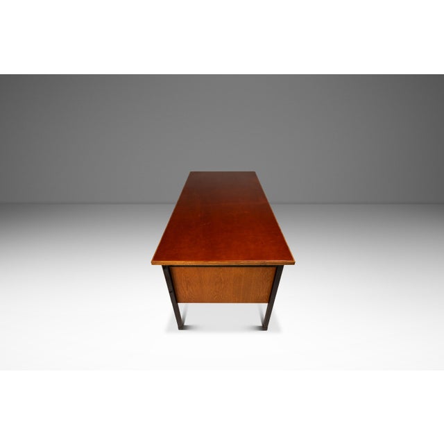 Mid-Century Modern Mid-Century Modern Executive Desk in Oak & Steel W/ Leather Top Attributed to Herbert Hirche for Holzäpfel, Germany, C. 1960s For Sale - Image 3 of 18