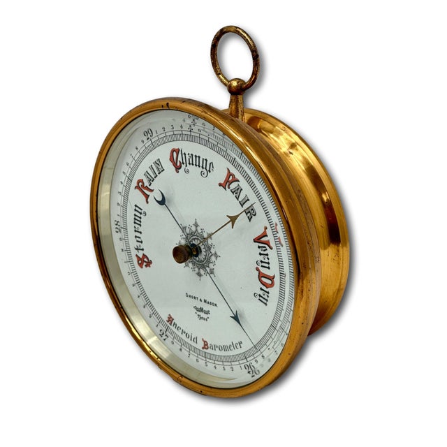 1900 - 1909 Fine Quality Large Antique Wall Mount Brass, Beveled Glass & Porcelain Dial Barometer by Short & Mason in London For Sale - Image 5 of 18