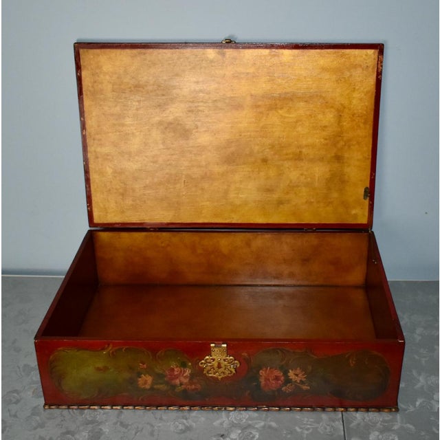 Antique (1920's) Box has a Florentine Style. Wooden Box with Painted Floral Details, Painted Interior, and Brass Fittings....