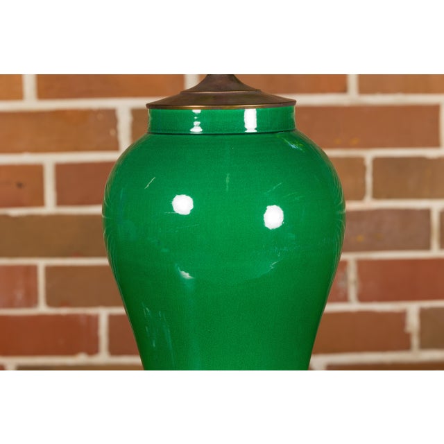 Contemporary Green Porcelain Table Lamp with Discreet Crackle Finish on Lucite Base For Sale - Image 9 of 11