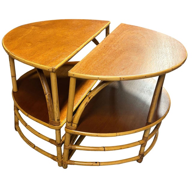 Elevate your entryway with this half-round side table pair which combines to make a larger full-moon round center table....