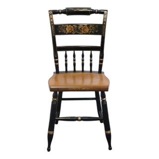 Genuine Hitchcock Black & Gold Accent Side Chair W. Rush Seat & Hand Painted Florals For Sale