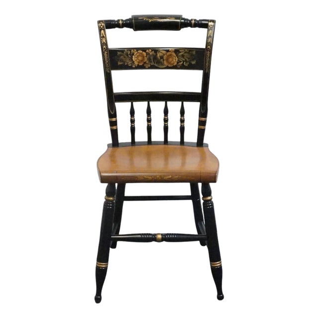 Genuine Hitchcock Black & Gold Accent Side Chair W. Rush Seat & Hand Painted Florals For Sale