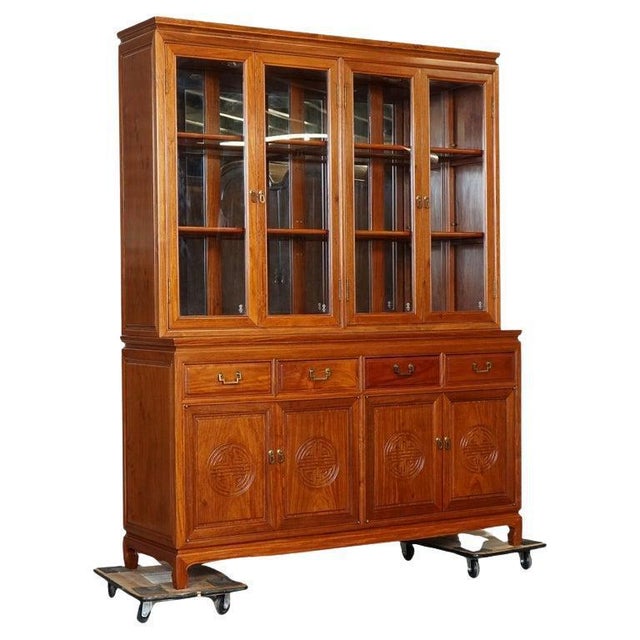 Large Vintage Oriental Chinese Carved Hardwood Bookcase Display Cabinet For Sale - Image 12 of 12
