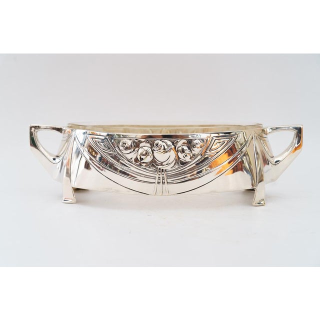 Art Nouveau fruit bowl brass silvered with original glass around 1908. Original condition.