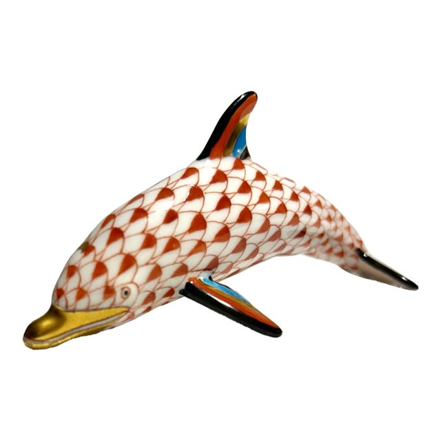 MCM Herend Hand Painted Fishnet Hungarian Porcelain With 24k Gold Accents Dolphin For Sale