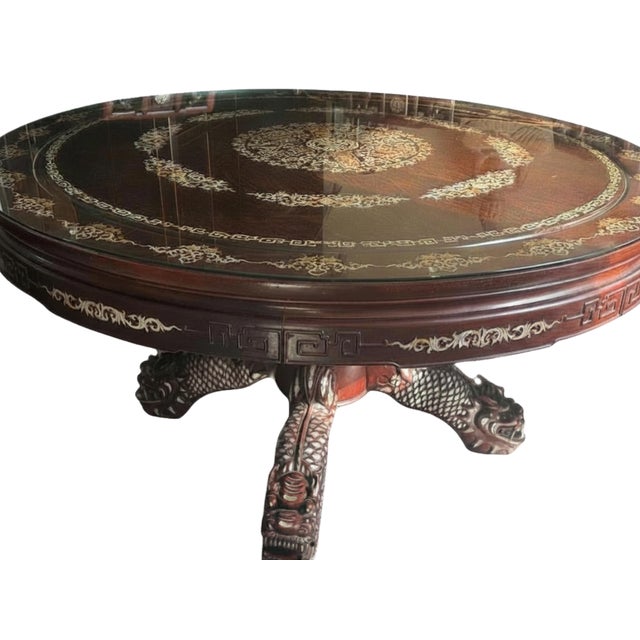 Chinoiserie Vintage Chinese Dragon & Phoenix Banquet Suite – Exceptional Mother-of-Pearl Inlaid Dining Ensemble For Sale - Image 3 of 14