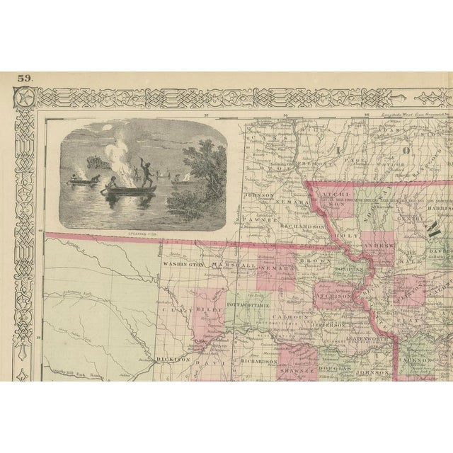 Antique 1864 Map of Missouri and Kansas by Johnson and Ward : This finely detailed and vibrantly hand-colored map of...