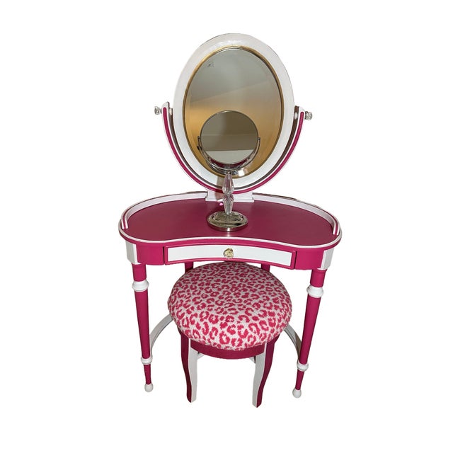 Pink Fully Refurbished & Hand-Painted Whimsical Regency Pink Vanity Set With Swivel Mirror & Custom Leopard Stool – 3 Pieces For Sale - Image 8 of 10