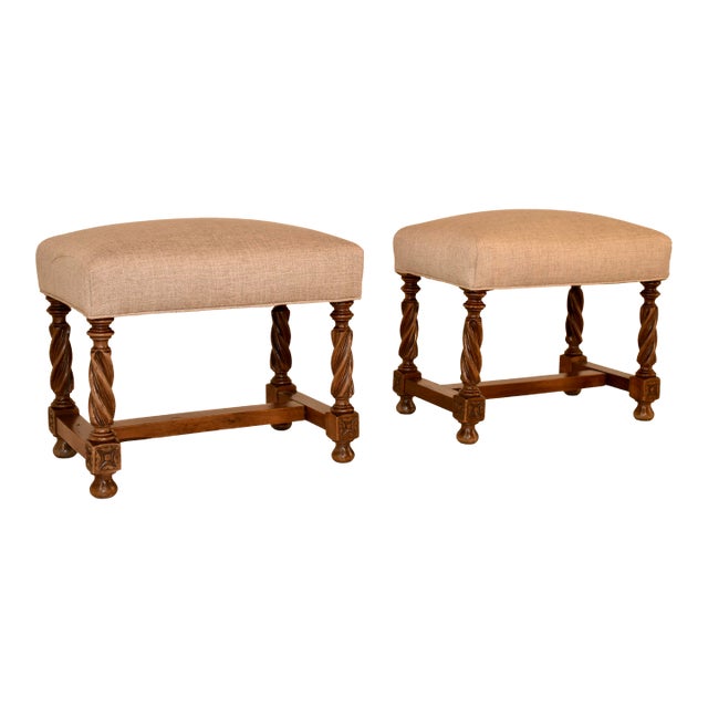 Pair of 19th Century French Walnut Upholstered Stools For Sale