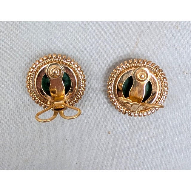 1960s Vintage 1965 Signed Napier Round Goldtone Carved Faux-Jade Clip Earrings-2 Pieces For Sale - Image 5 of 7