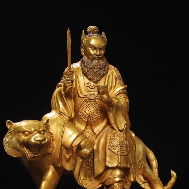 Bronze Late 19th Century Gilt Bronze Zhang Tianshi Statue on Tiger, Taoist Deity, 8.76kg For Sale - Image 8 of 9