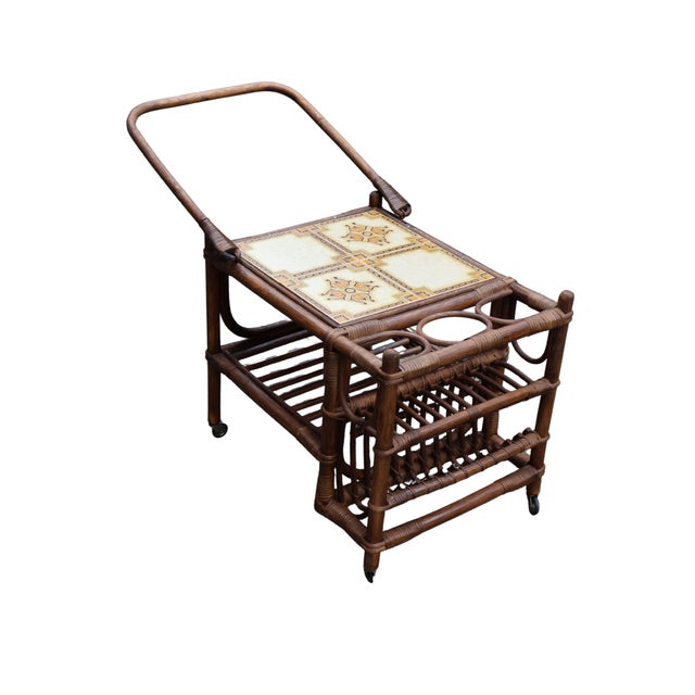 1960s 1960s Italian Bamboo & Rattan Tile-Top Drinks Trolley Bar Cart For Sale - Image 5 of 18