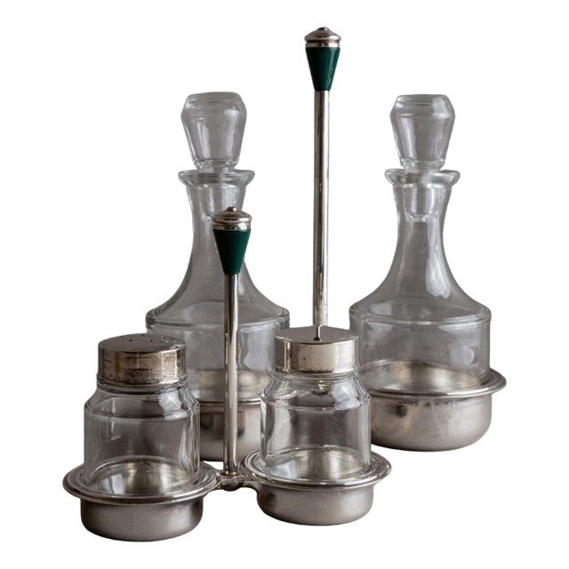 Vintage Silver-Plated Glass Salt and Pepper Shaker and Vinegar and Oil Bottles, Italy, 1970s, Set of 5 For Sale