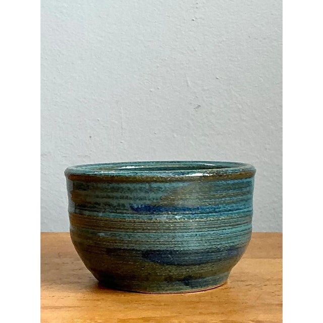 Ceramic Vintage Blue Glazed Pottery Bowl For Sale - Image 7 of 12