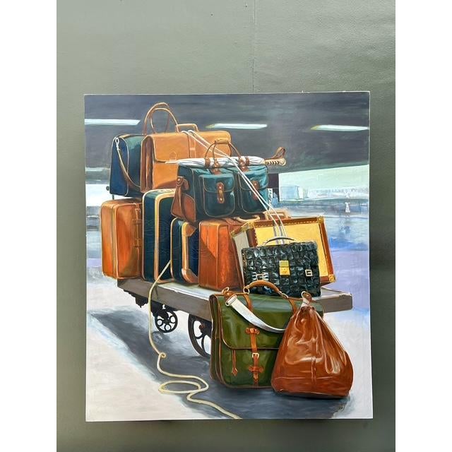 Vintage Monumental Original Still Life of Stacked Luggage For Sale - Image 9 of 12