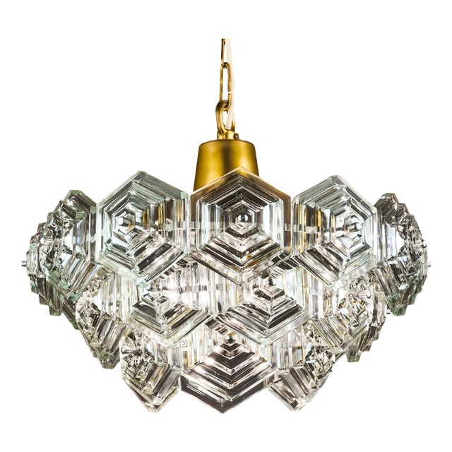 Mid-Century German Chandelier with Hexagonal Glass Prisms by Veb Ebersbach, 1960s For Sale