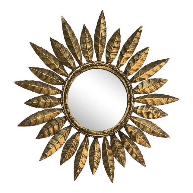 Small Spanish Gilt Metal Sunburst Mirror With Pointed Alternating Leaves For Sale