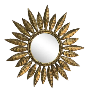 Small Spanish Gilt Metal Sunburst Mirror With Pointed Alternating Leaves
