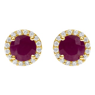 10K Yellow Gold Red Ruby and 1/6 Cttw Diamond Halo Stud Earring For Sale